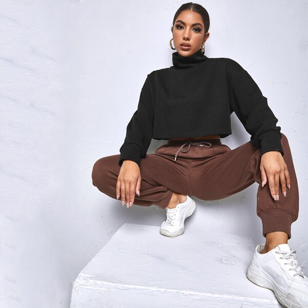 

High Neck Drop Shoulder Crop Tee, Black