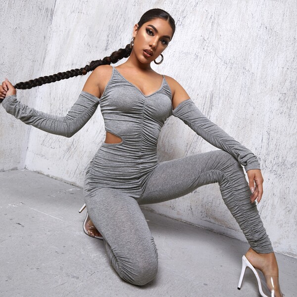 

Cold Shoulder Ruched Unitard Jumpsuit, Grey