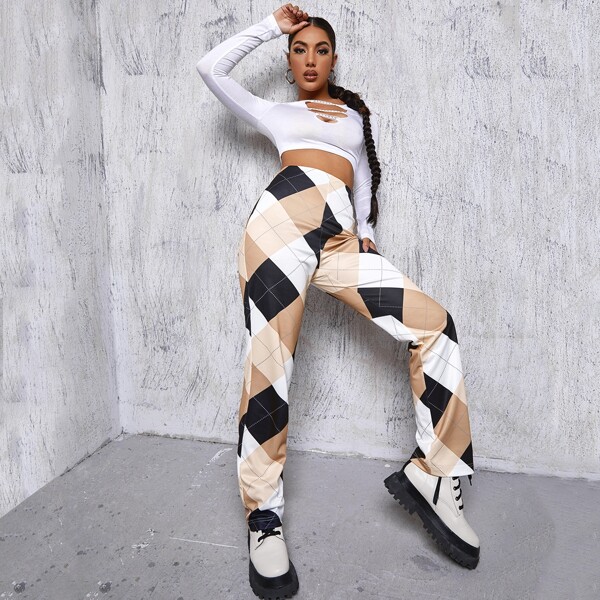 

Plaid Zipper Side Straight Leg Pants, Multicolor