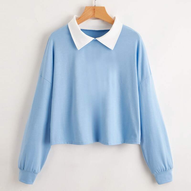 

Contrast Collar Oversized Tee, Baby blue