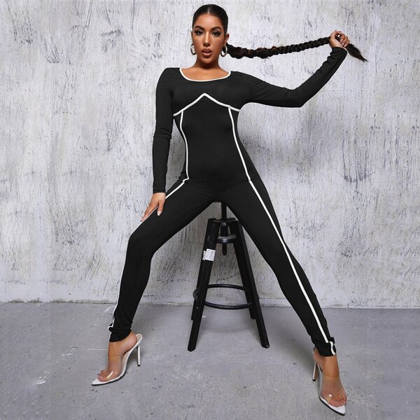 

Contrast Tape Scoop Neck Unitard Jumpsuit, Black