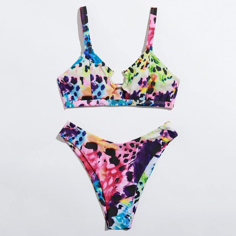 

Leopard Colorful High Leg Bikini Swimsuit, Multicolor
