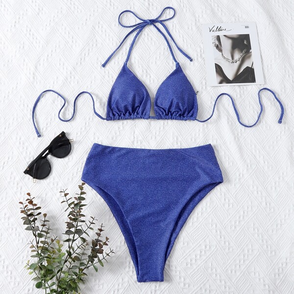 

Triangle High Waisted Bikini Swimsuit, Blue