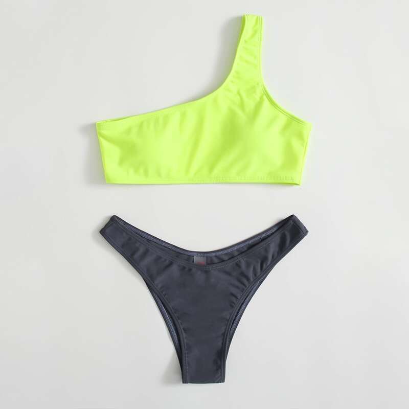 

Two Tone One Shoulder Bikini Swimsuit, Multicolor