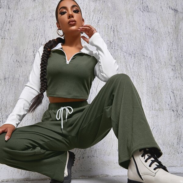 

Rib Knit Raglan Sleeve Tee & Drawstring Pants, Army green