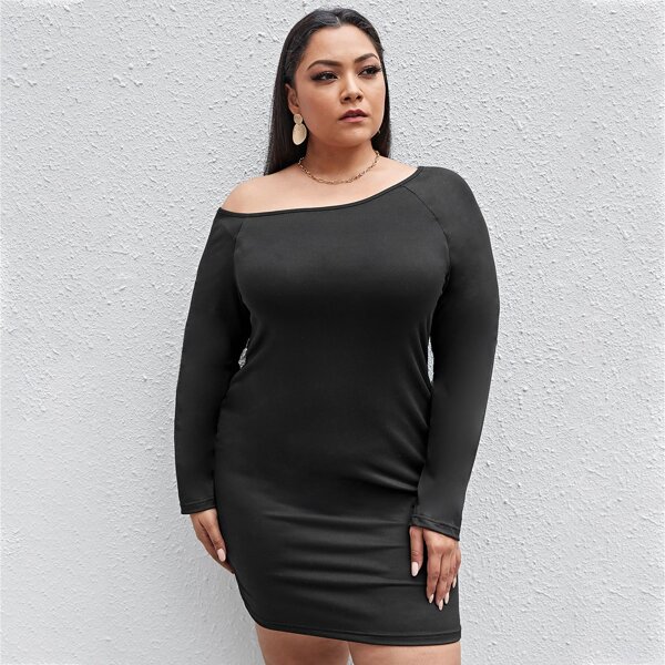 

Plus Oblique Shoulder Fitted Dress, Black