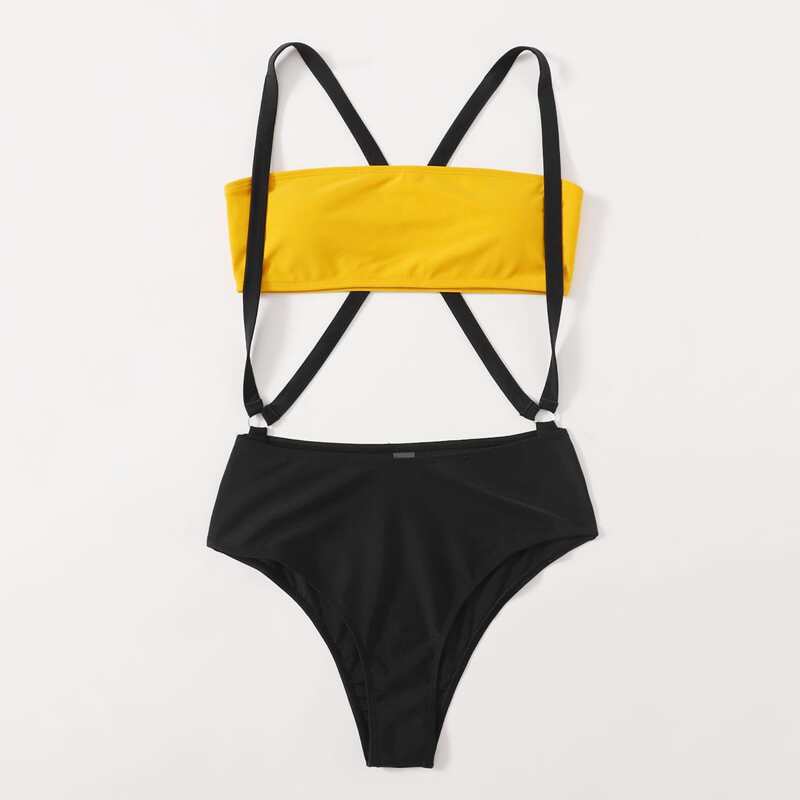 

Two Tone Crisscross Suspender Bikini Swimsuit, Multicolor