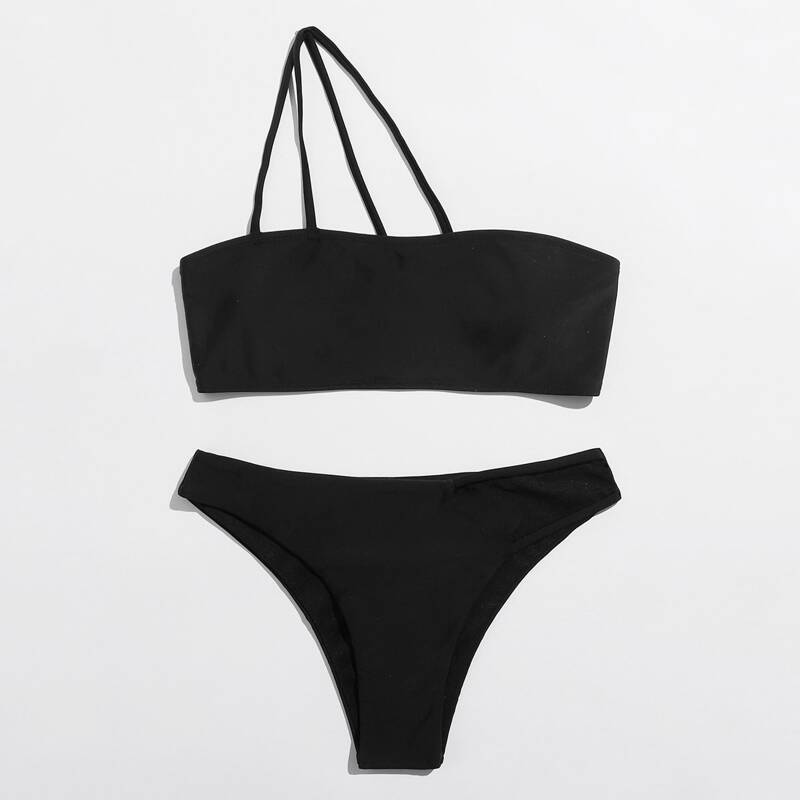 

Solid One Shoulder Bikini Swimsuit, Black
