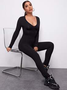 SHEIN Essnce V-neck Solid Form Fitted Jumpsuit - Black - View 1