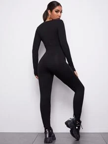 SHEIN Essnce V-neck Solid Form Fitted Jumpsuit - Black - View 2