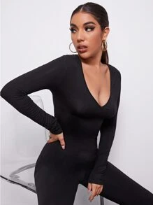 SHEIN Essnce V-neck Solid Form Fitted Jumpsuit - Black - View 5