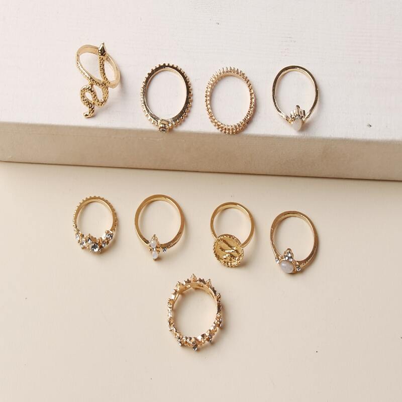 

9pcs Rhinestone Ring, Gold