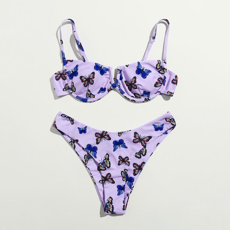 

Butterfly Print V Wired Underwire Bikini Swimsuit, Lilac purple