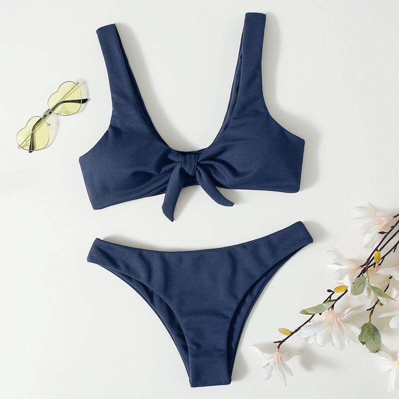 

Solid Knot Front Bikini Swimsuit, Navy blue
