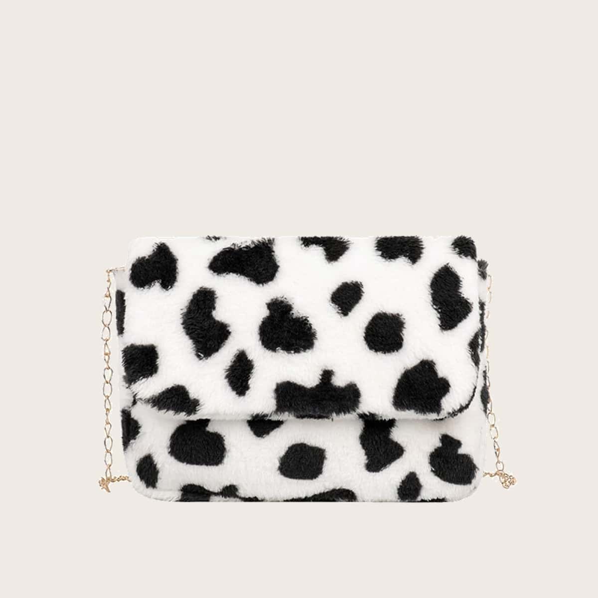 

Cow Print Fluffy Crossbody Bag, Black and white