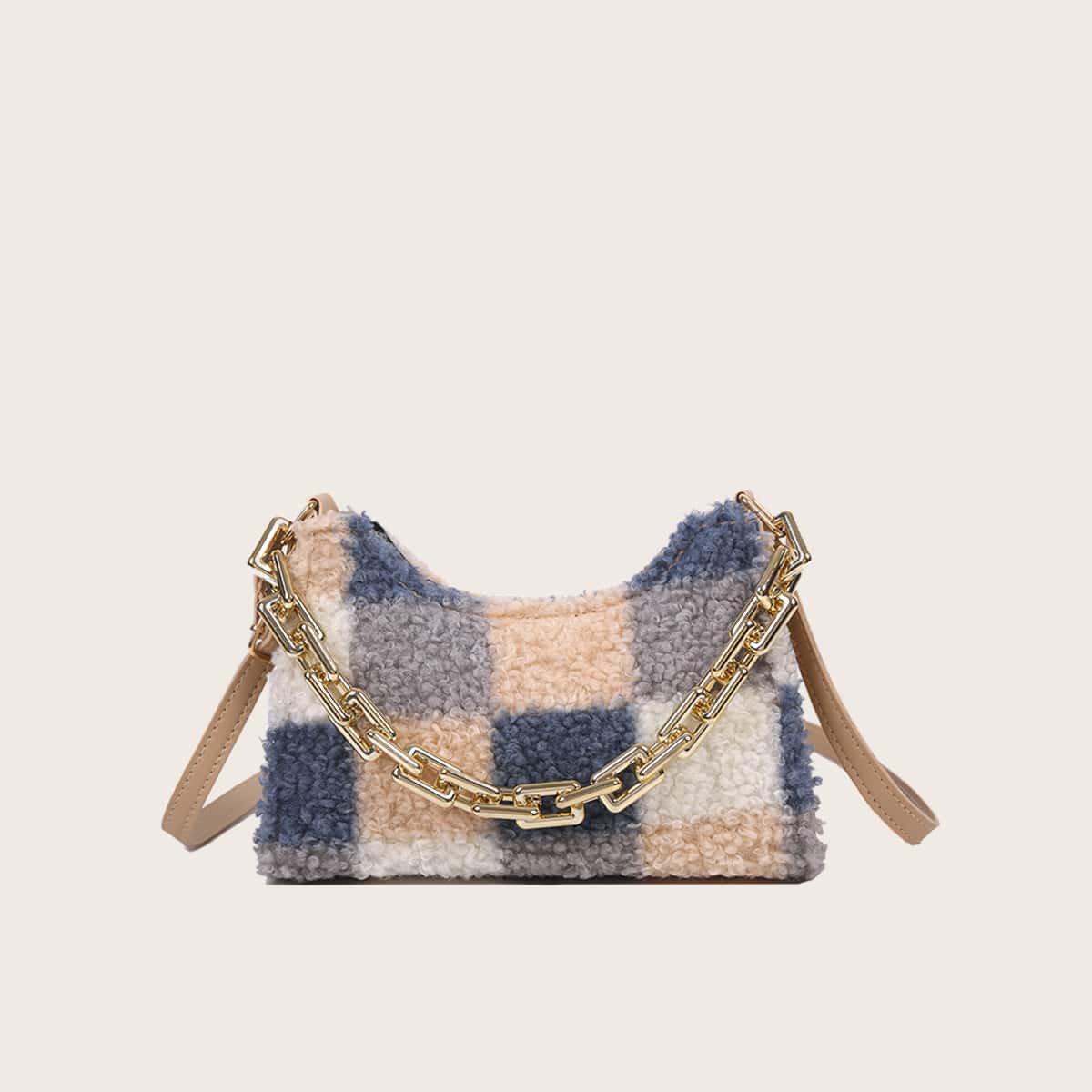 

Colorblock Plaid Teddy Baguette Bag, Multicolor