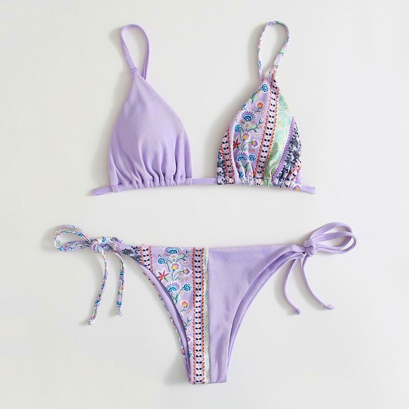 

Floral Tie Side Bikini Swimsuit, Lilac purple