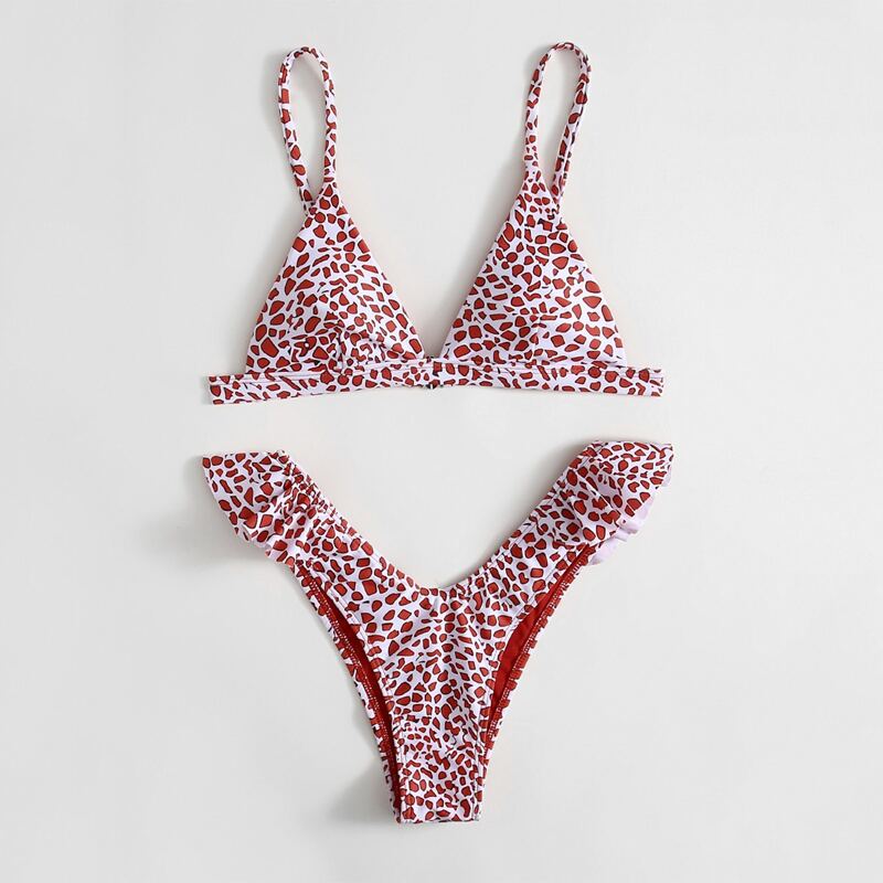 

Allover Print Ruffle High Leg Bikini Swimsuit, Red and white