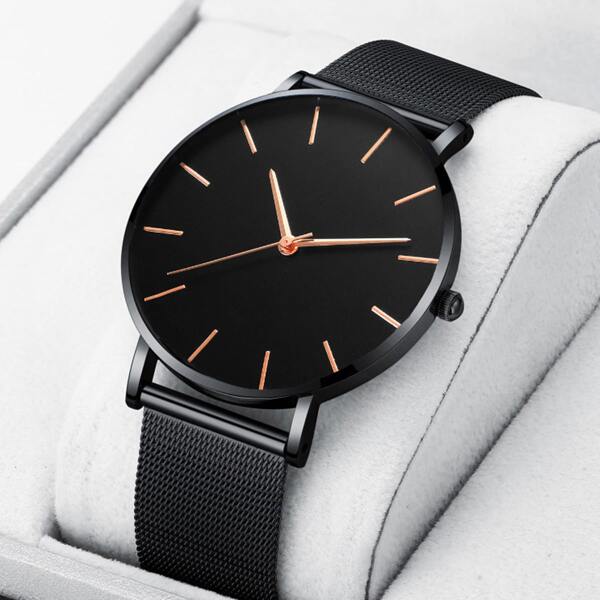 

1pc Men Mesh Strap Round Pointer Quartz Watch
