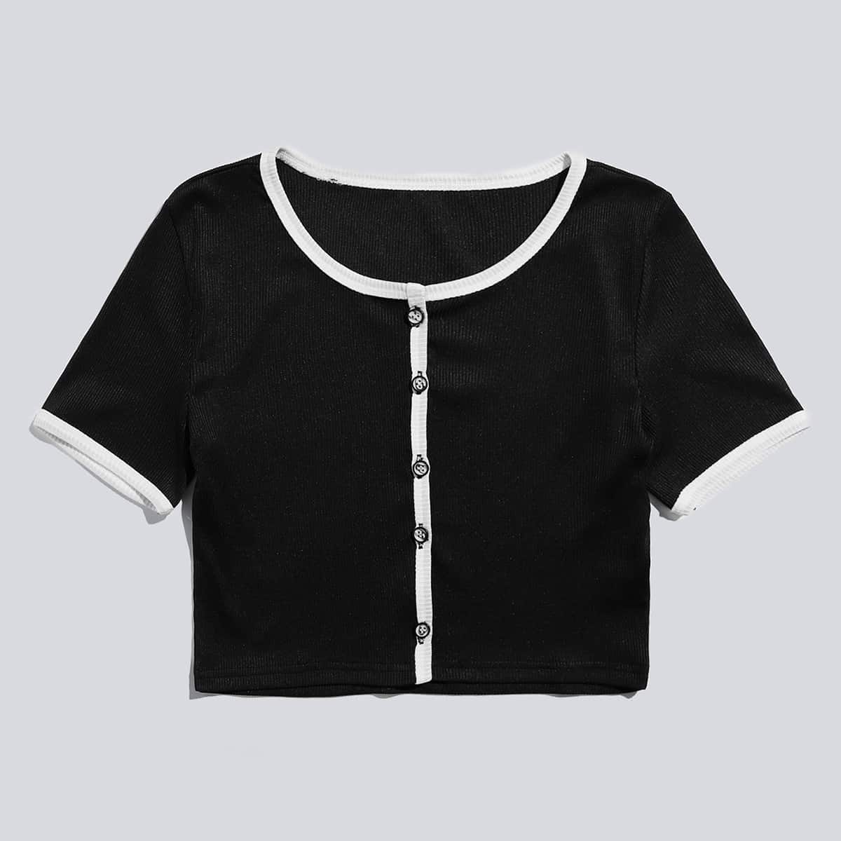 

Contrast Binding Button Front Crop Tee, Black