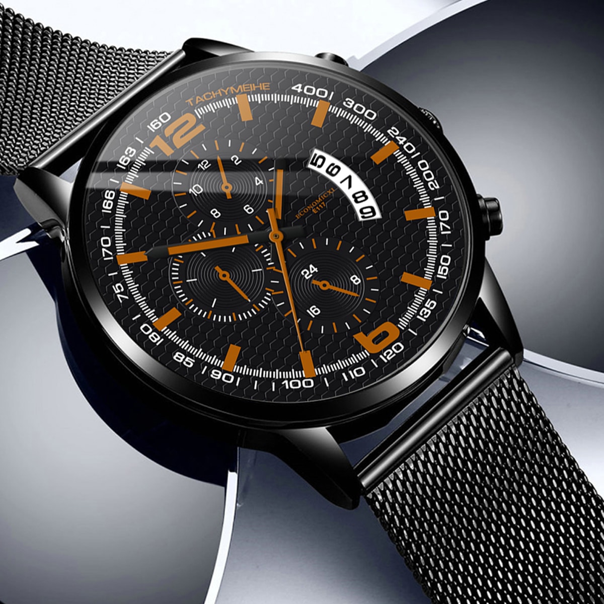 Image of 1pc Men Mesh Strap Date Round Pointer Quartz Watch