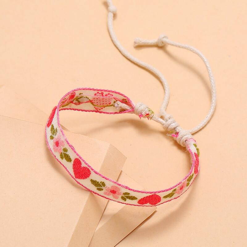 

Heart & Floral Embroidery Bracelet, Pink