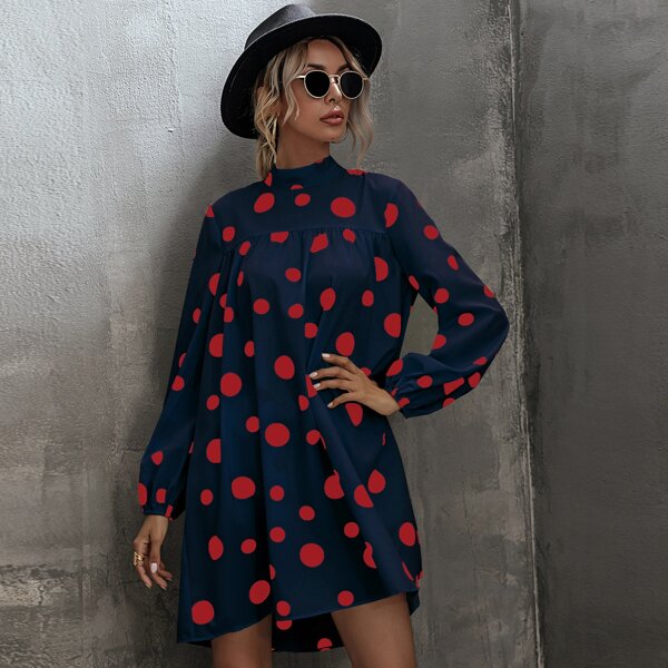 

Polka Dot Tie Back Bishop Sleeve Babydoll Dress, Navy blue