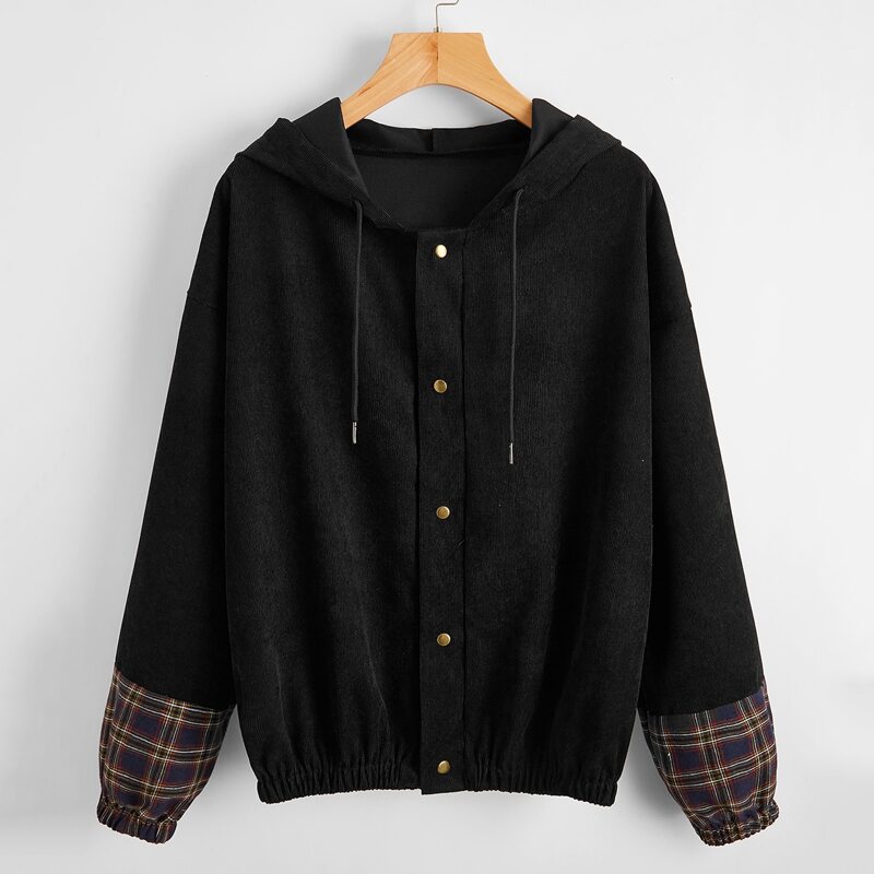 

Corduroy Contrast Tartan Button Front Jacket, Black