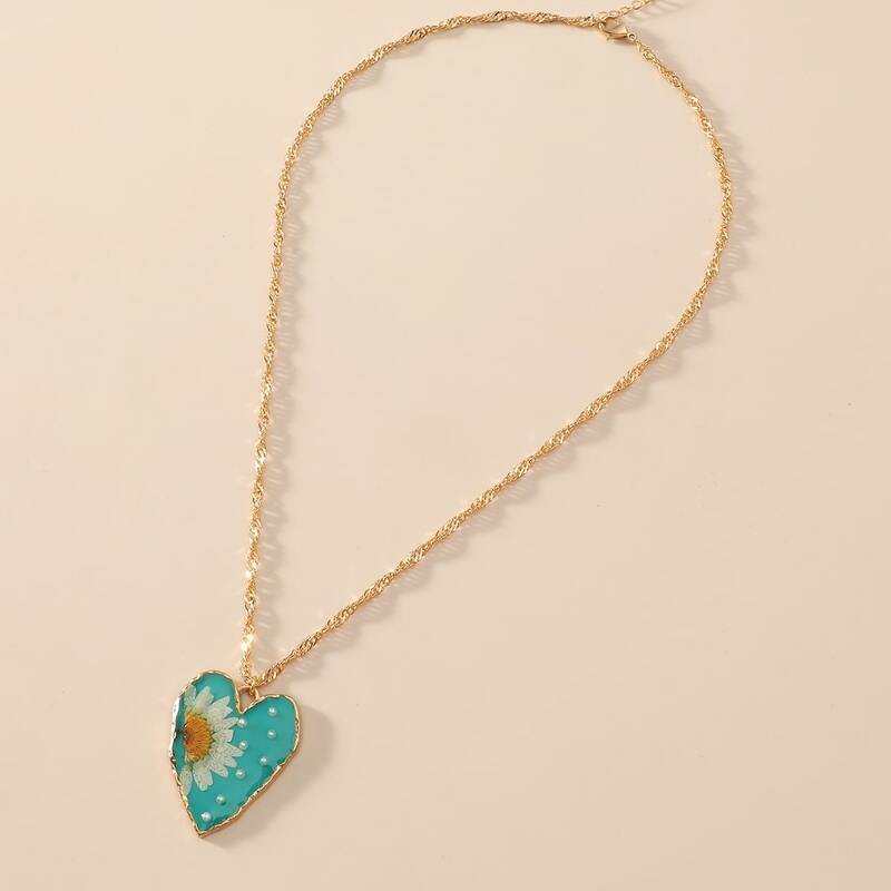 

Floral Heart Charm Necklace, Mint blue
