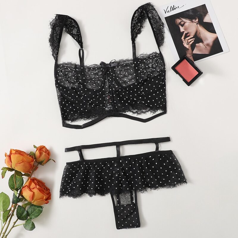 

Polka Dot Ruffle Hem Lace Lingerie Set, Black