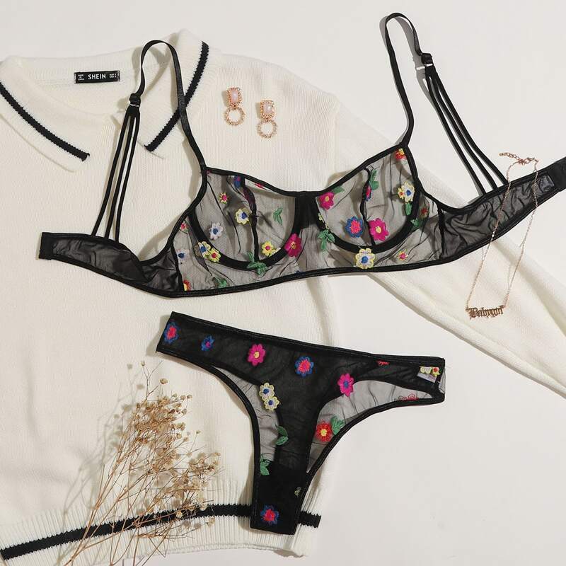 

Floral Embroidered Mesh Underwire Lingerie Set, Black
