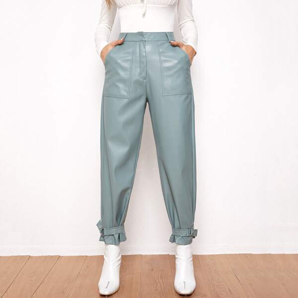 

D-ring Strap PU Leather Pants, Cadet blue