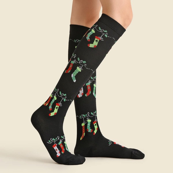 

Christmas Print Over The Calf Socks, Black