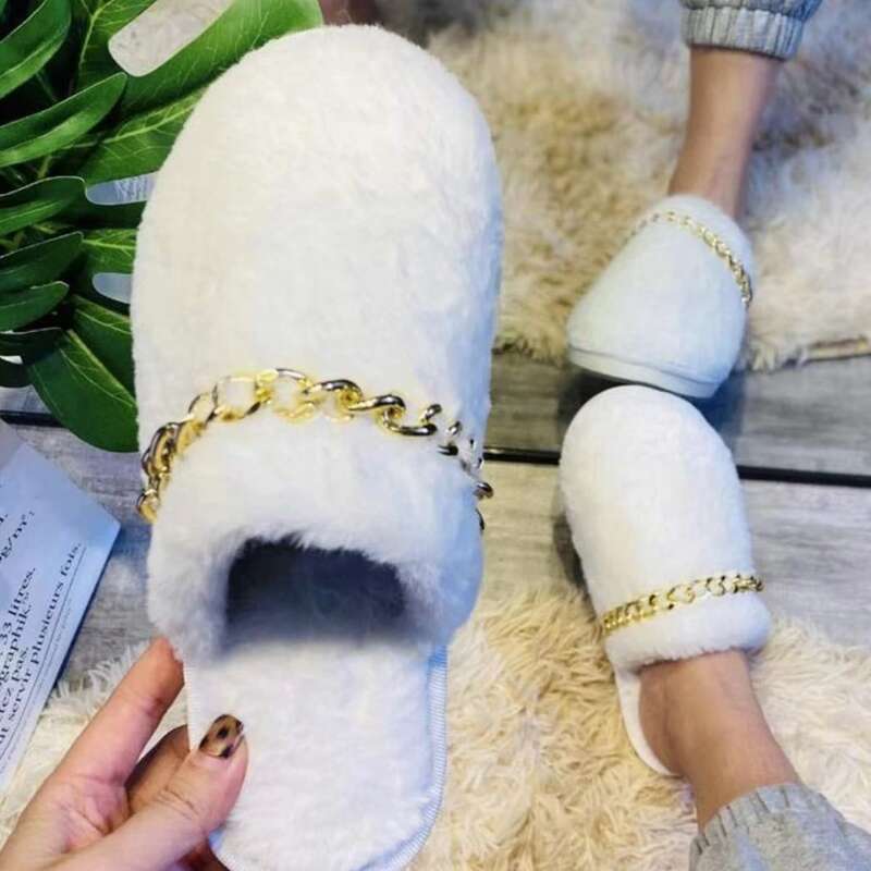 

Chain Decor Fluffy Slippers, White