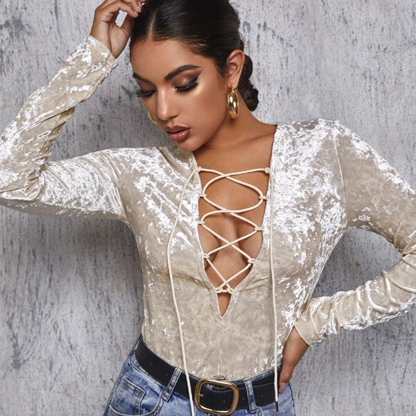 

Lace Up Front Velvet Tee, Beige
