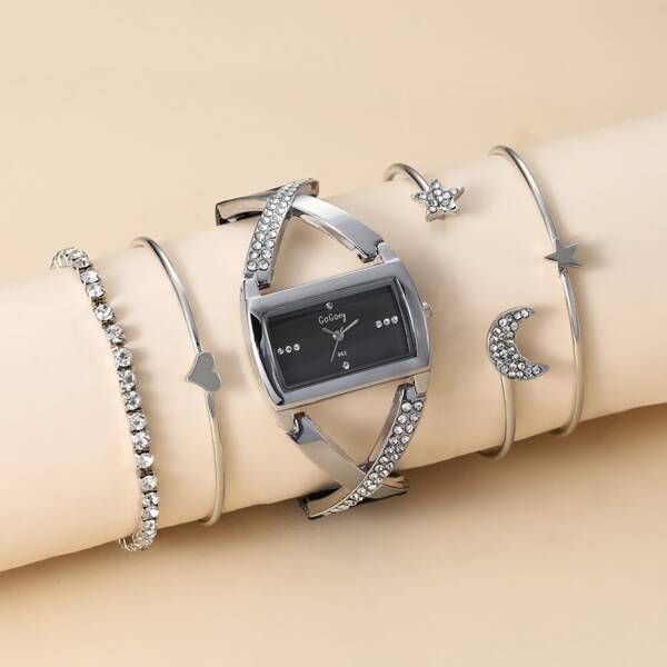 

1pc Rhinestone Decor Rectangle Quartz Watch & 4pcs Bracelet