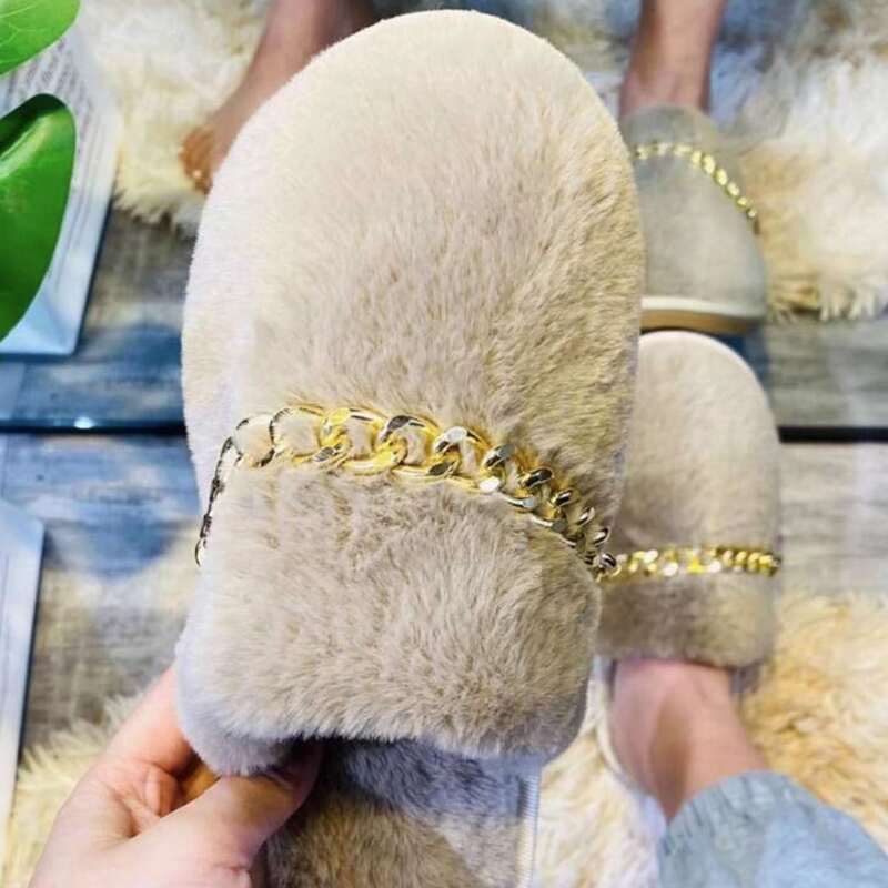 

Chain Decor Fluffy Slippers, Khaki
