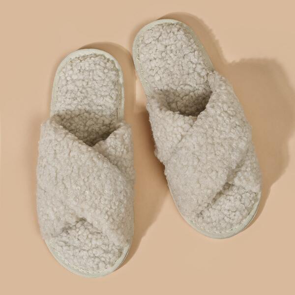 

Cross Strap Fluffy Slippers, White