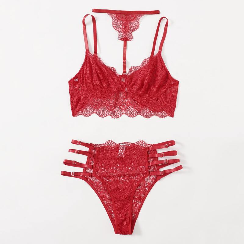 

Floral Lace Ladder Cut-out Lingerie Set, Red