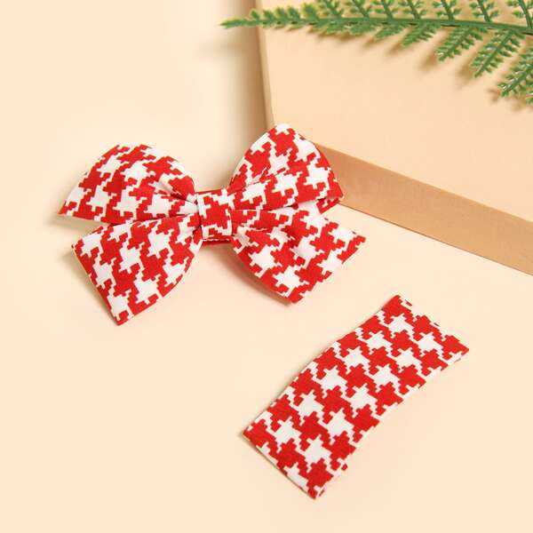 

2pcs Houndstooth Pattern Hair Clip, Red and white