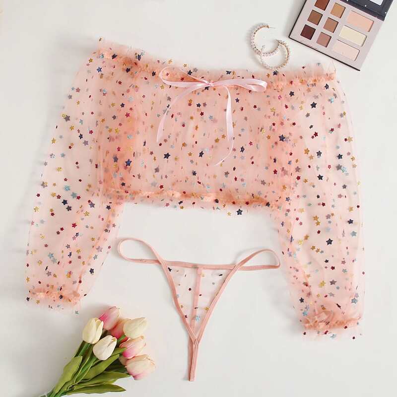

Star Sheer Mesh Thong Lingerie Set, Coral pink