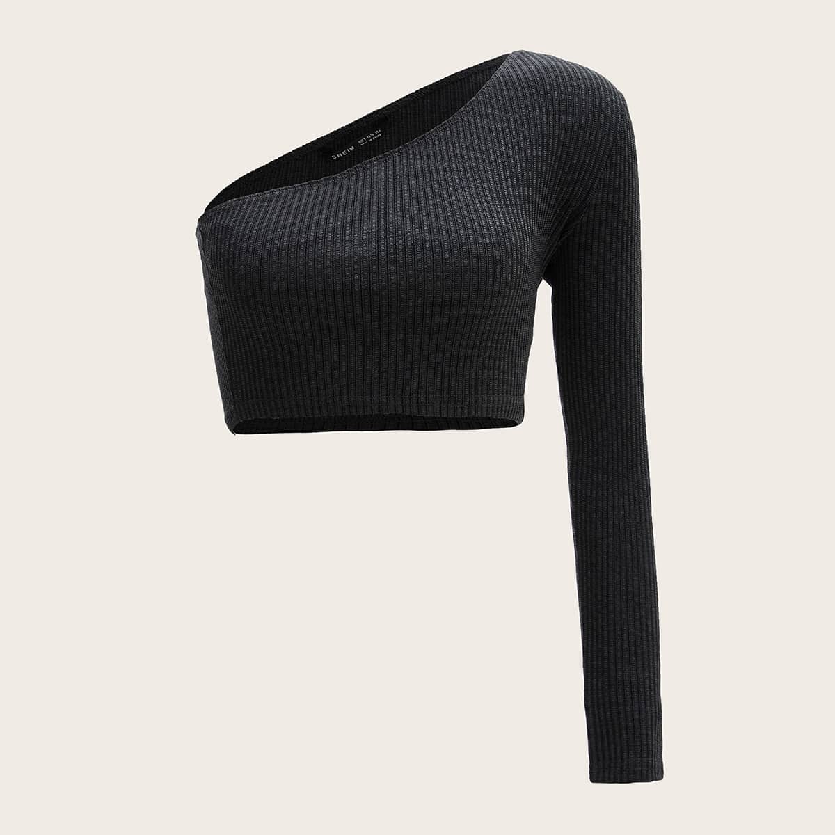 

One Shoulder Rib-knit Crop Tee, Dark grey