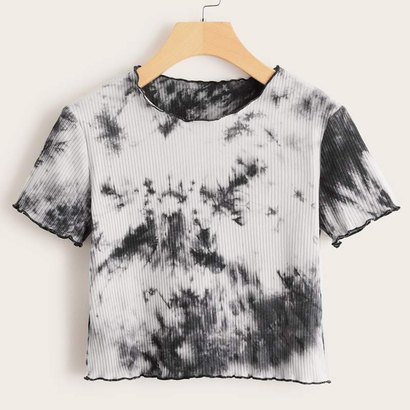

Tie Dye Ribbed Lettuce Trim Crop Tee, Black and white