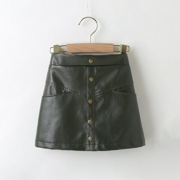 

Toddler Girls Button Front A-line PU Skirt, Dark green