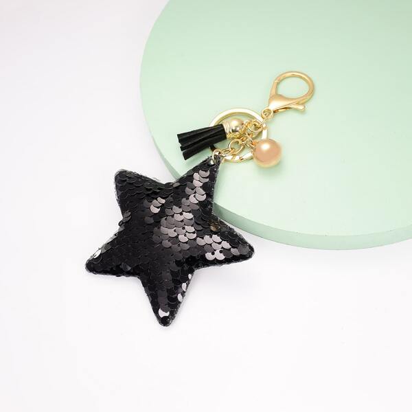 

Sequin Decor Star Charm Keychain, Black