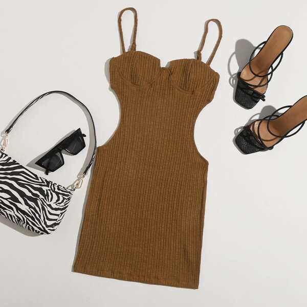 

Cut Out Waist Rib-knit Bodycon Dress, Brown