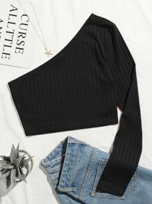 SHEIN EZwear One Shoulder Ribbed Crop Top - Black - View 1