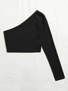 SHEIN EZwear One Shoulder Ribbed Crop Top - Black - View 3