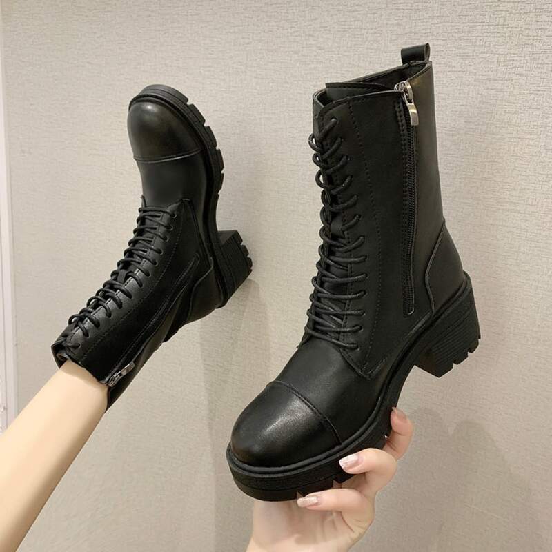 

Chunky Heeled Lace-up Combat Boots, Black
