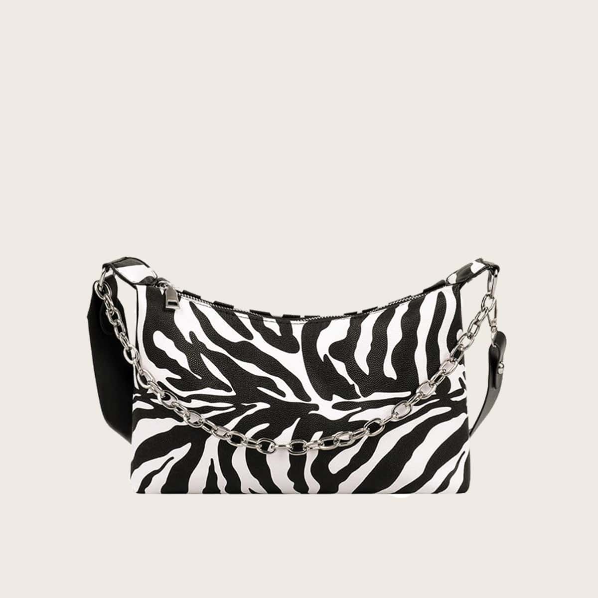

Zebra Striped Shoulder Bag, Black and white